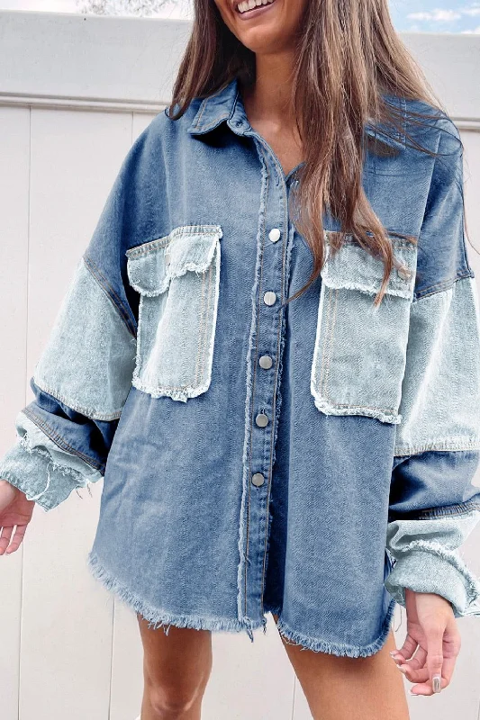 Raw Hem Color Block Denim Jacket Collared Jacket Crew Neck Jacket Turtle Neck Jacket Raw Hem Color Block Denim Jacket Collared Jacket Crew Neck Jacket Turtle Neck Jacket