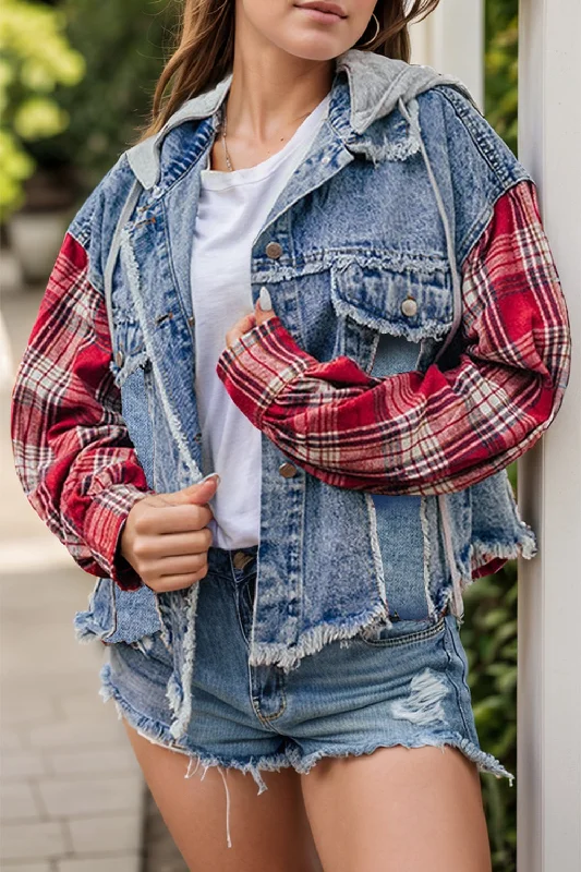 Raw Hem Drawstring Plaid Denim Jacket Nylon Fabric Polyester Fabric Spandex Fabric