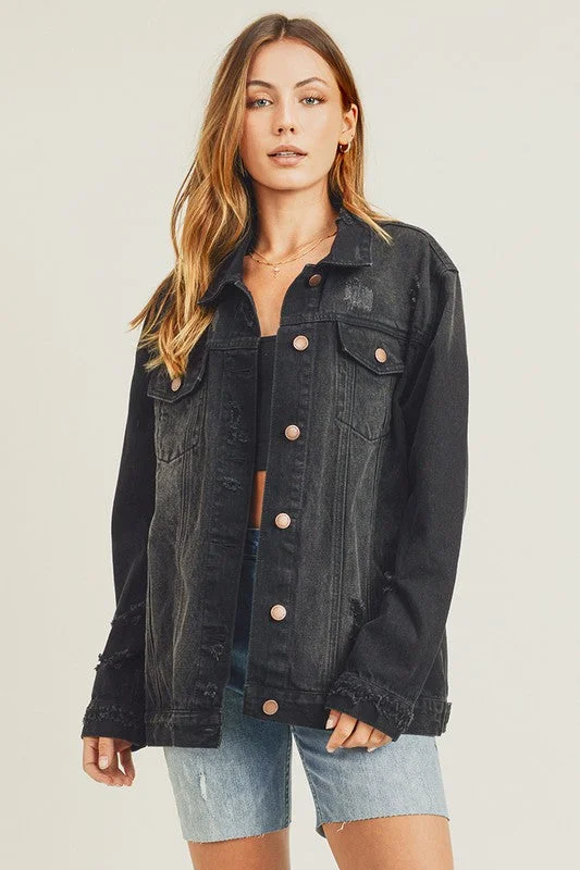 RISEN Distressed Long Sleeve Denim Jacket Snapped Jacket Toggled Jacket Drawstring Jacket RISEN Distressed Long Sleeve Denim Jacket Snapped Jacket Toggled Jacket Drawstring Jacket