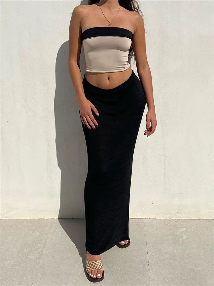 JuliaFashion - Sexy Strapless Off Shoulder Tops High Waist Side Split Skirts Suits boho skirt vibe