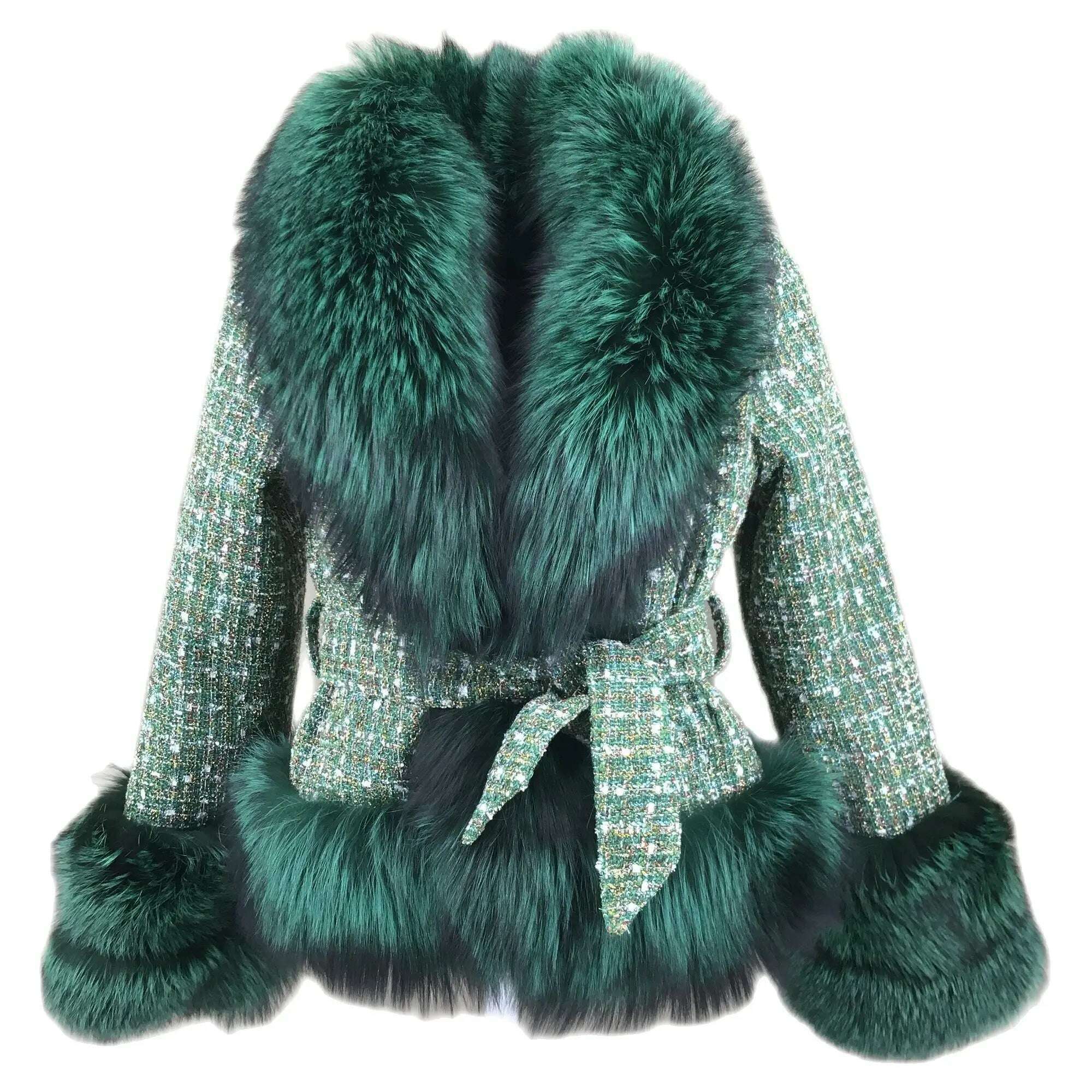 Short Jacket Coat with Real Red Fox Fur Collar for Women, Front and Belt, Elegant Fur, Green Color, Autumn and Winter Coat Denim Jacket Leather Jacket Suede Jacket Short Jacket Coat with Real Red Fox Fur Collar for Women, Front and Belt, Elegant Fur, Green Color, Autumn and Winter Coat Denim Jacket Leather Jacket Suede Jacket