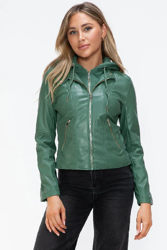 Faux Leather Zip Up Drawstring Hooded Jacket A-Line Jacket Boat Neck Shawl Collar