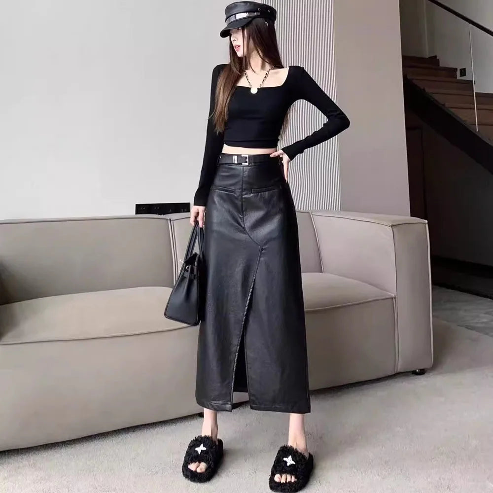 Streetwear Loose Black PU Leather Long Skirt Bottom tiered skirt playful
