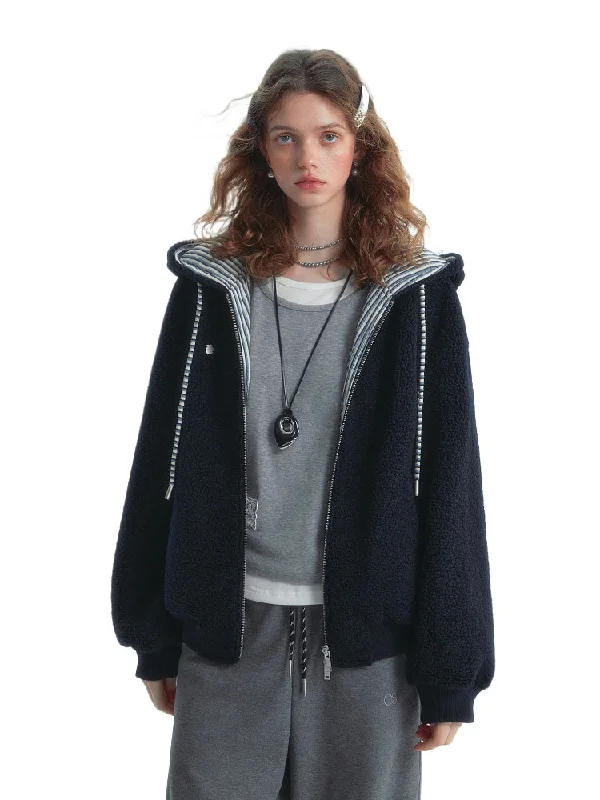 Striped Contrast Fleece Hooded Jacket Notch Collar Peter Pan Collar Cowl Neck