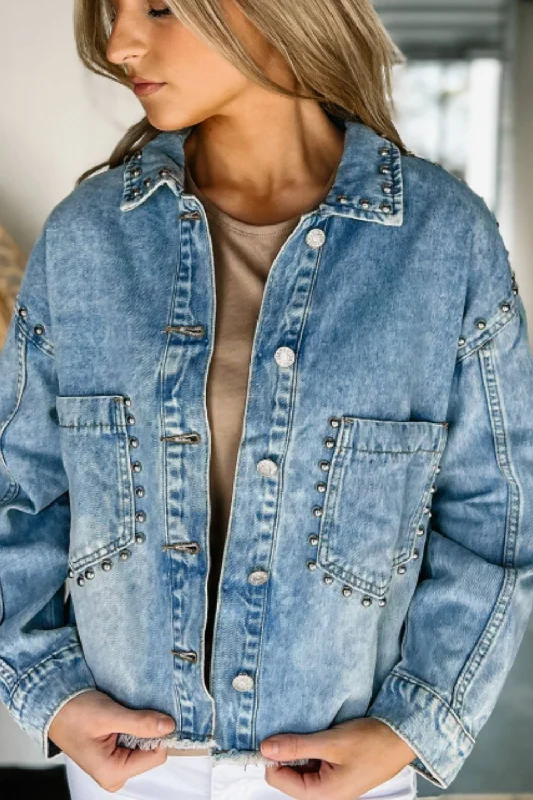 Studded Acid Wash Long Sleeve Denim Jacket A-Line Jacket Boat Neck Shawl Collar