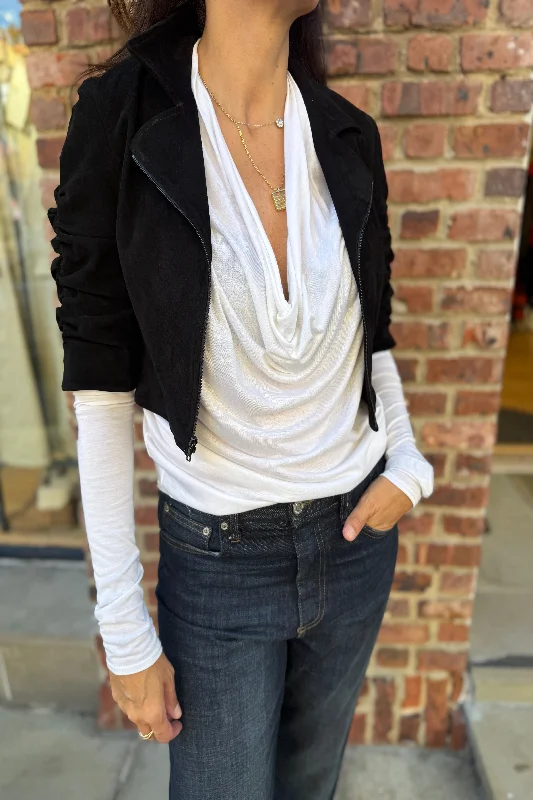 SUSAN BENDER Cropped Suede Biker Jacket / S-US4 Welt Pockets Slit Pockets Flap Pockets SUSAN BENDER Cropped Suede Biker Jacket / S-US4 Welt Pockets Slit Pockets Flap Pockets