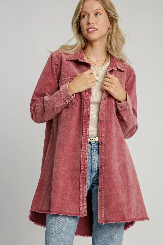 Umgee Raw Hem Button Down Denim Jacket with Chest Pockets - Wine Faux Fur Fabric Real Fur Fabric Shearling Fabric Umgee Raw Hem Button Down Denim Jacket with Chest Pockets - Wine Faux Fur Fabric Real Fur Fabric Shearling Fabric