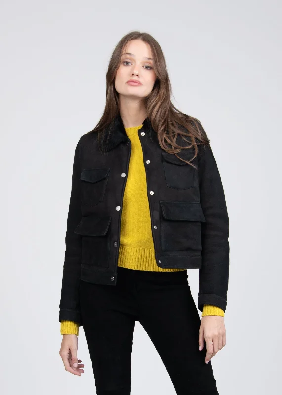 VALENTINA SHORT SHEARLING JACKET Front Pockets Side Pockets Patch Pockets