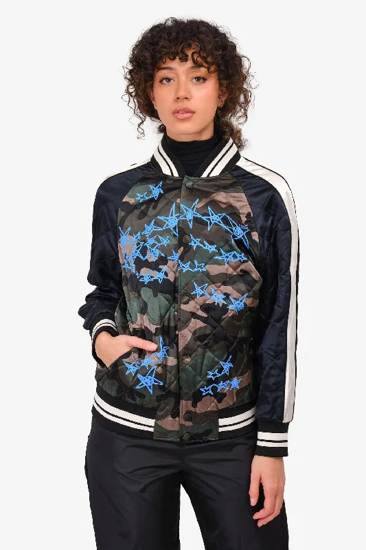 Valentino Green Camouflage/Blue Star Quilted Satin Bomber Jacket Size 34 US Rayon Fabric Velvet Fabric Corduroy Fabric Valentino Green Camouflage/Blue Star Quilted Satin Bomber Jacket Size 34 US Rayon Fabric Velvet Fabric Corduroy Fabric