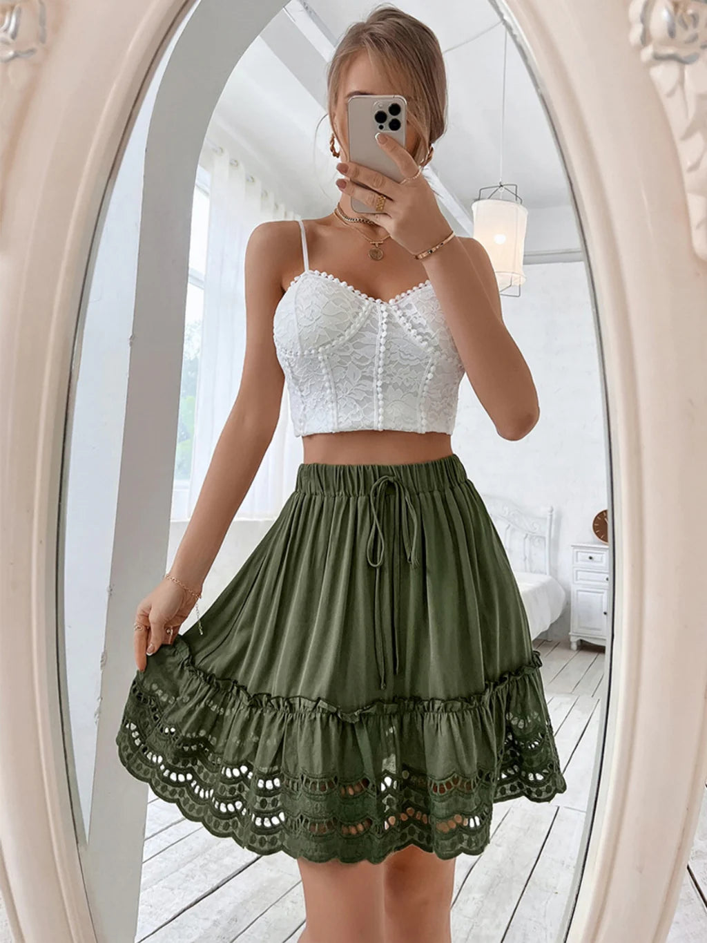 WOMEN GREEN LACE STITCHING SKIRT cashmere skirt rich