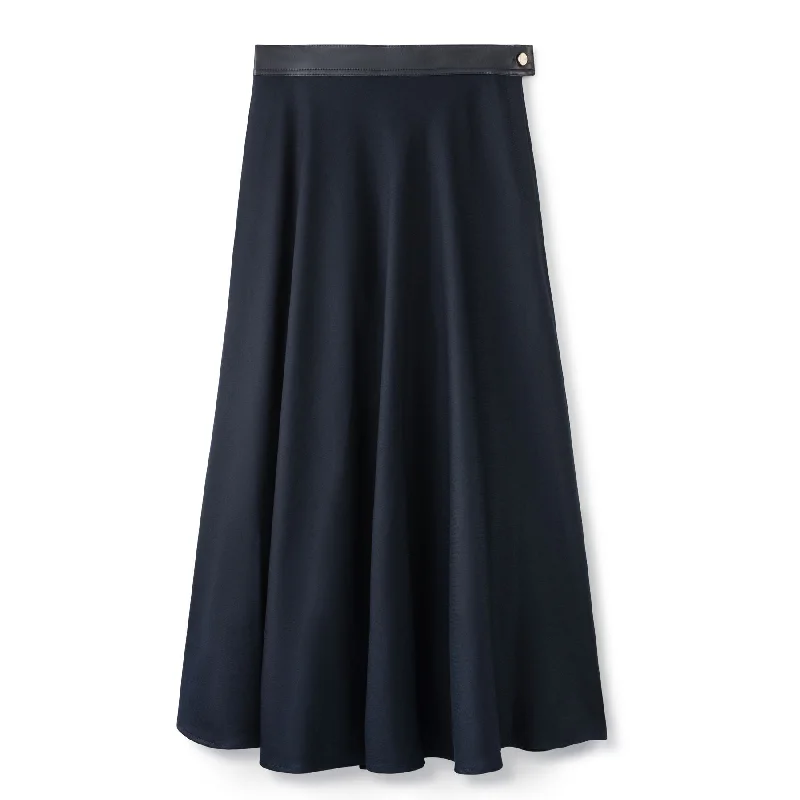 Signature Circle Skirt with Leather Waist Band IN: Navy cashmere skirt soft
