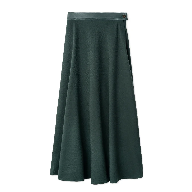 Signature Circle Skirt with Leather Waist Band IN: Emerald silk skirt smooth
