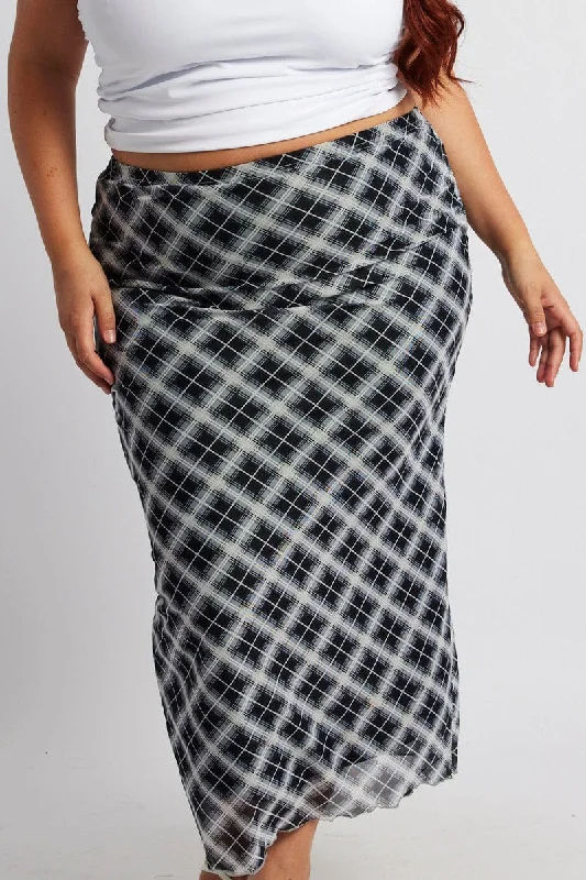 Black Check Plaid Mesh Bodycon Midi Skirt denim skirt fashionable