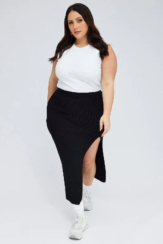 Black Knit Skirt Front Split Bodycon leather skirt sleek