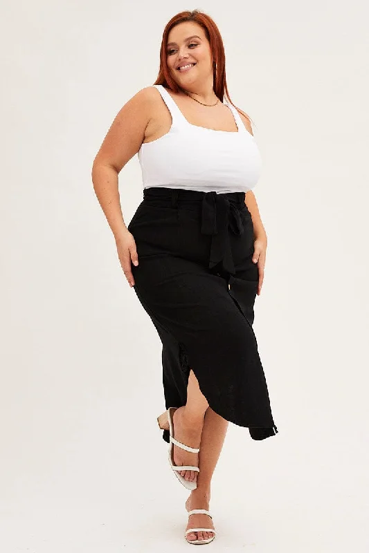 Black Midi Skirt Button Front Linen Blend chiffon skirt flowing