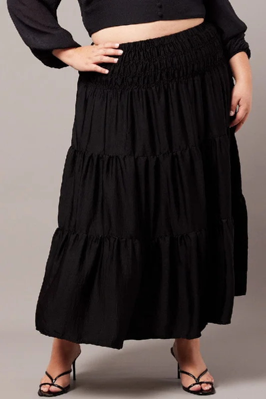 Black Shirred Waist Maxi Skirt denim skirt classic