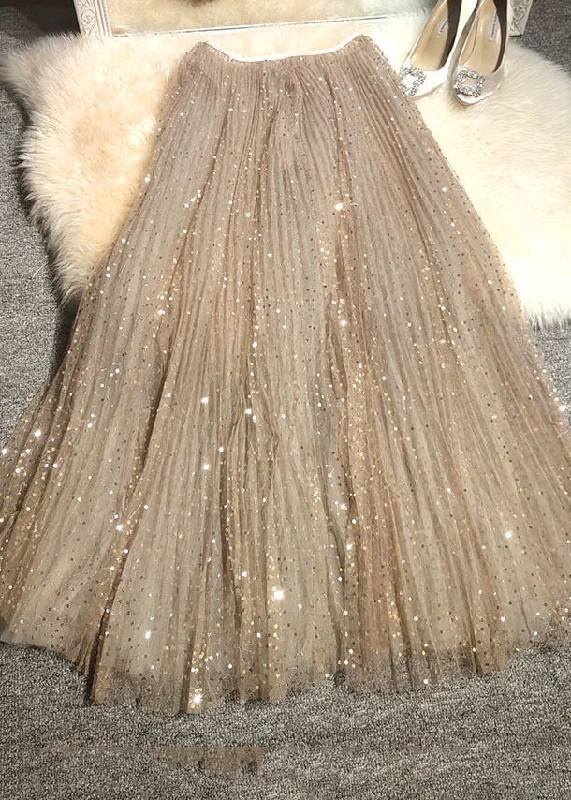 Bohemian Khaki Embroideried Sequins Tulle A Line Skirt Spring pleated skirt texture