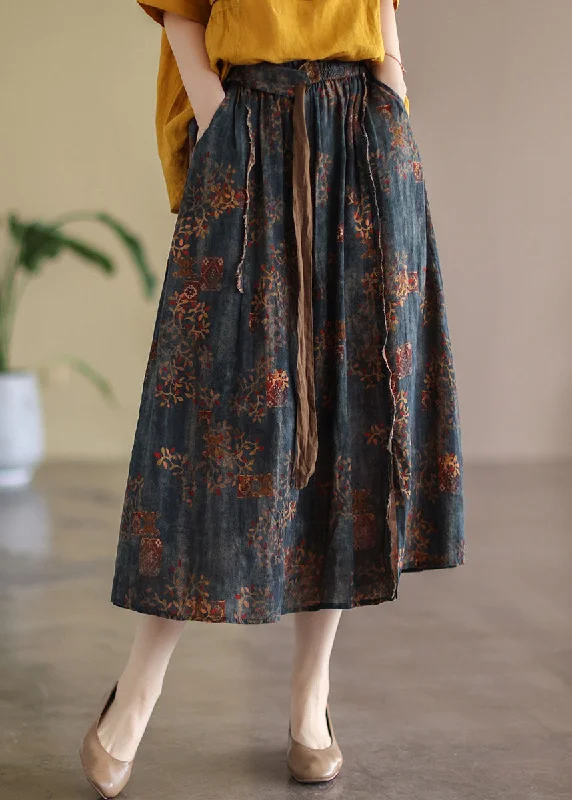 Brown Patchwork Linen Skirts High Waist Print Summer button skirt front