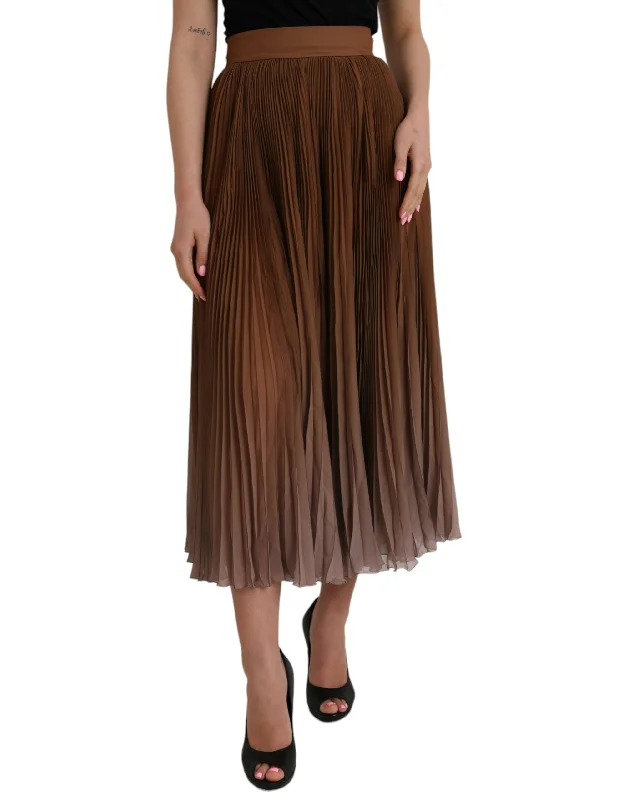 Dolce & Gabbana Brown Polyester Pleated High Waist Midi Skirt elastic waist skirt