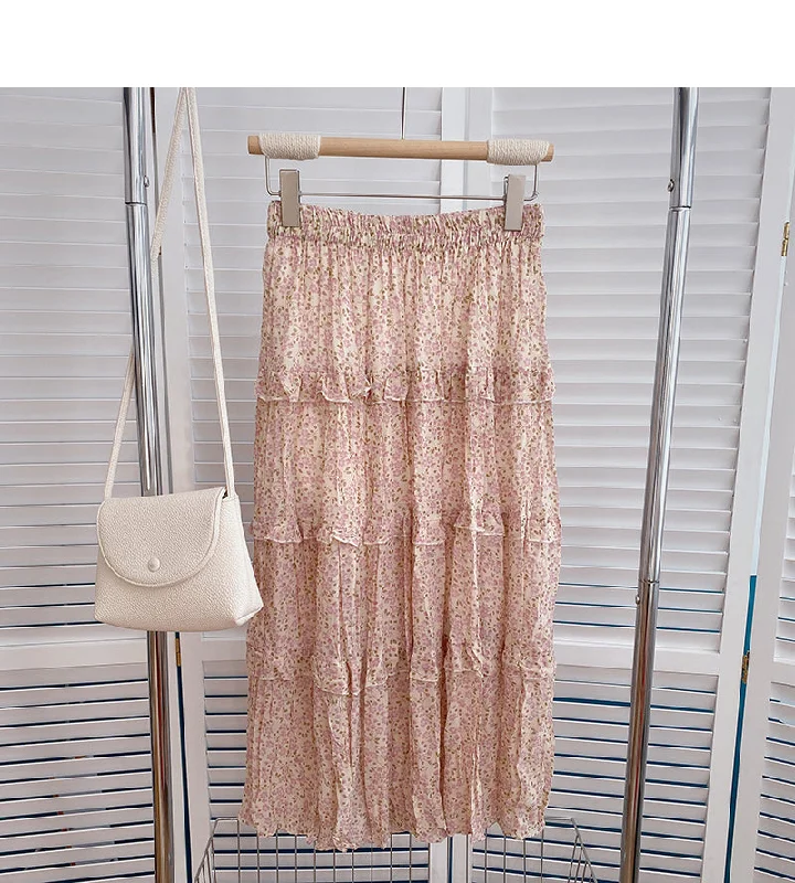 Design feeling gentle and slim high waist A-shaped skirt  5813 tiered skirt playful