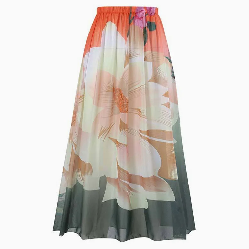 Flowy Floral Printed High Waist Ruched Mesh Beach Cover Up Maxi Skirt chiffon skirt lightweight Flowy Floral Printed High Waist Ruched Mesh Beach Cover Up Maxi Skirt chiffon skirt lightweight