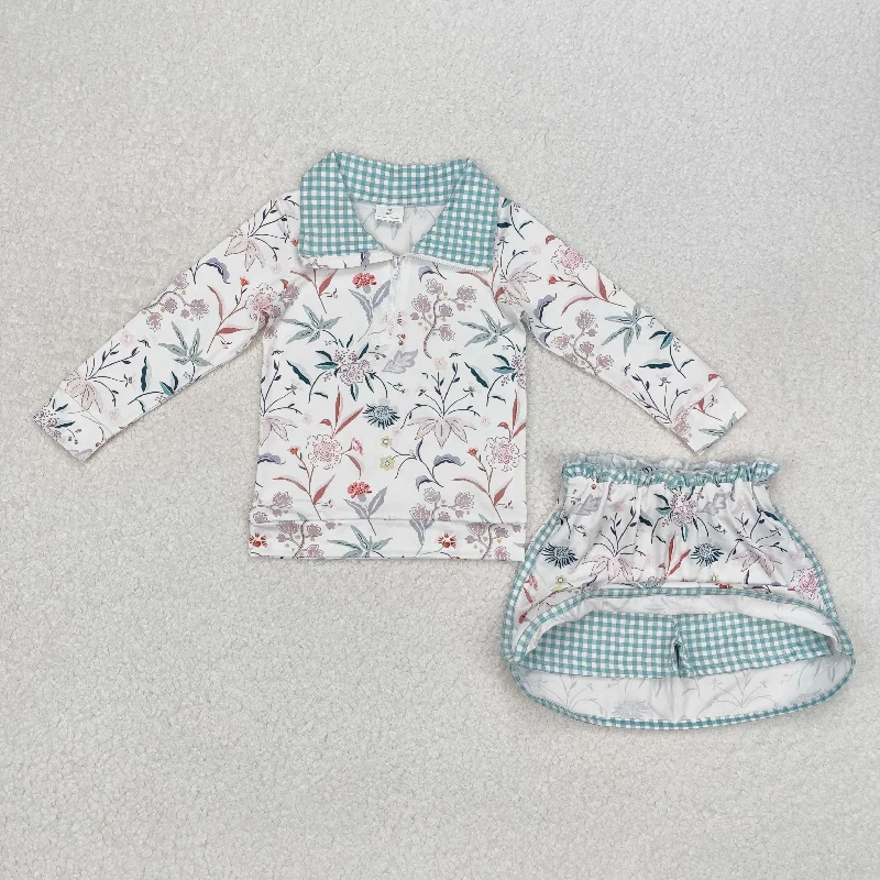 GLD0973 Baby Girls Flowers Pullovers Top Skort Clothes Set linen skirt light