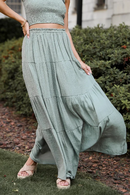 Goddess Vibes Light Olive Tiered Maxi Skirt - DU DEAL relaxed fit skirt