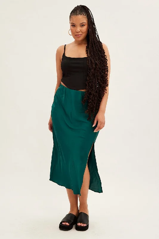 Green Midi Skirt Bias Satin With Split chiffon skirt floaty