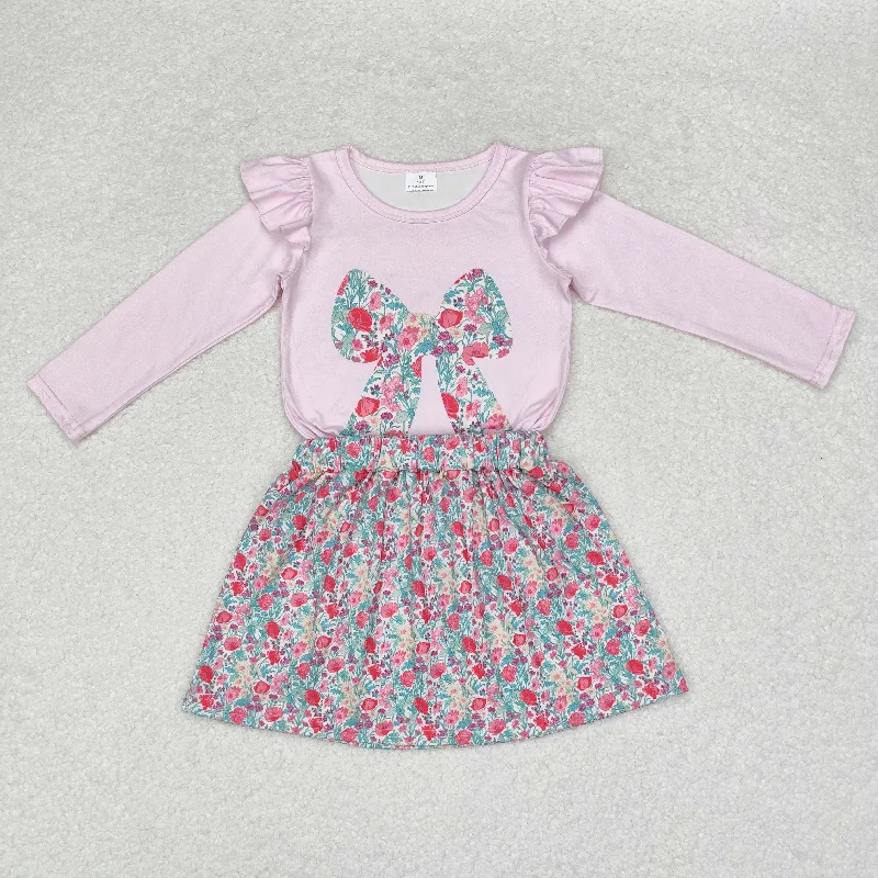 GT0699+GLK0032 Baby Girls Fall Pink Bow Tee Flowers Skirt Clothes Set tulle skirt dreamy