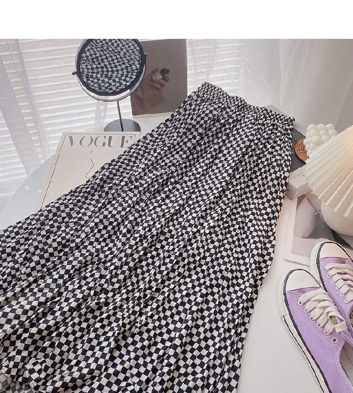 Irregular plaid skirt women's slim high waist elastic A-shaped long skirt  5807 chiffon skirt airy
