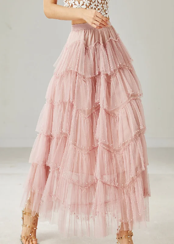 Italian Pink Nail Bead Layered Tulle Beach Skirt Summer modal blend skirt