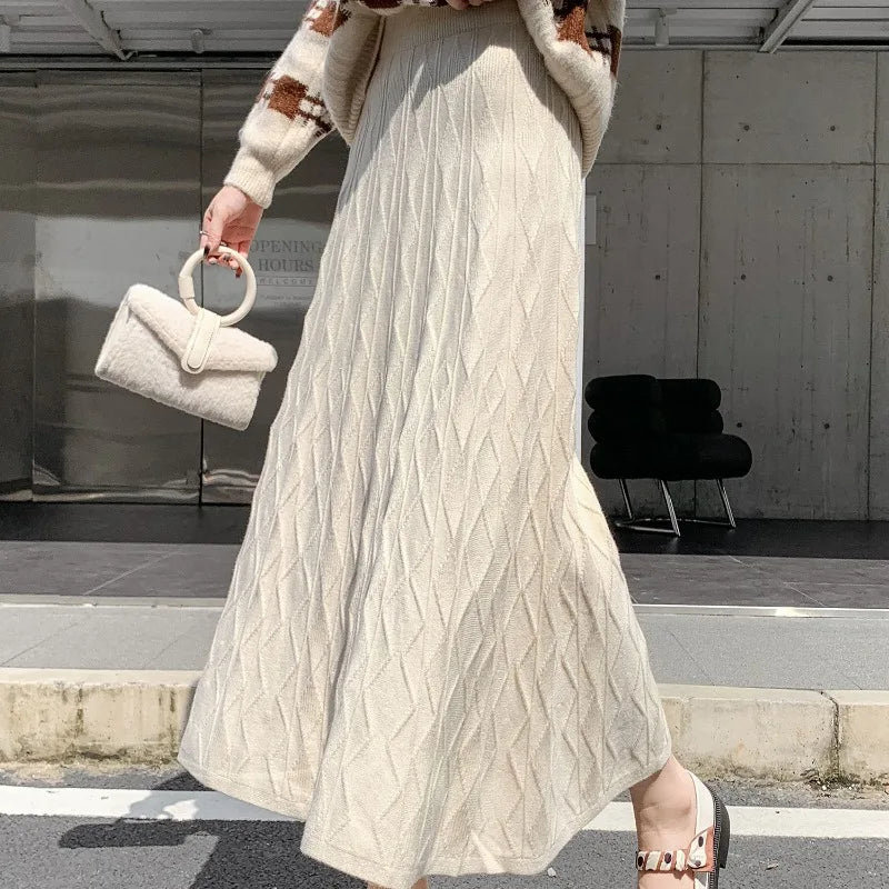 Knitted Drooping Long A-line High Waisted Slim Woolen Skirt silk skirt elegant