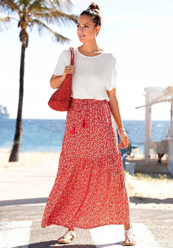 LASCANA Women's Floral Pattern Maxi Skirt spandex blend skirt