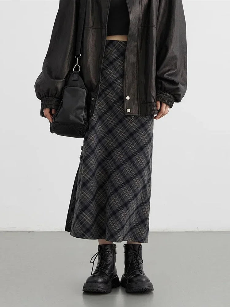 Long Casual Sweet Cool Style High Waist Slit Plaid Tube Skirt athletic skirt fit