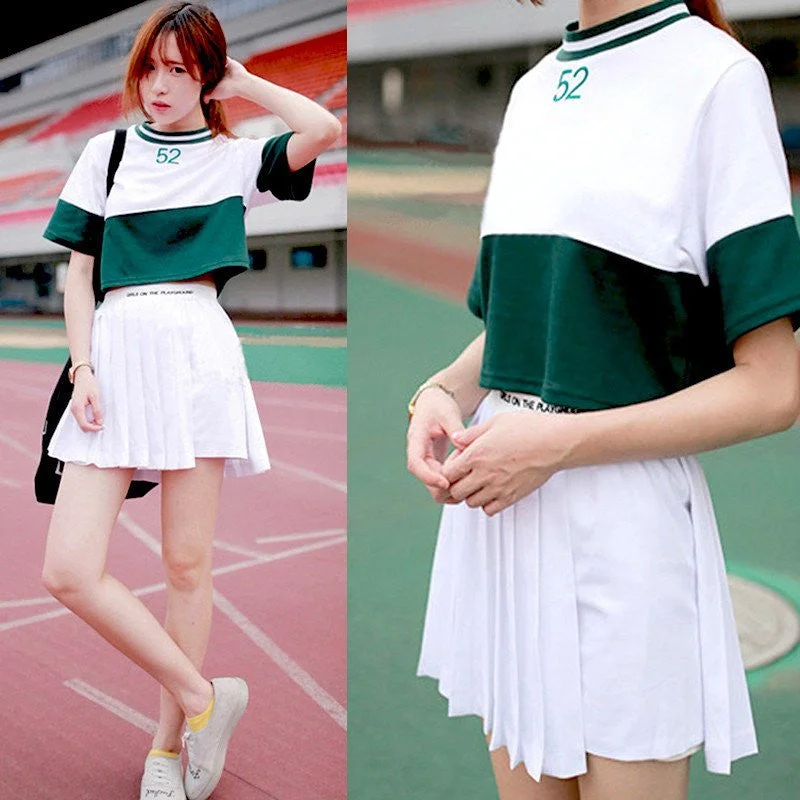 Lovely baseball T-shirt + pleated skirt two-piece outfit YV1205 velvet skirt plush