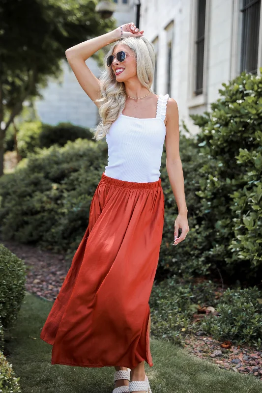 Lovely Intent Rust Satin Midi Skirt silk skirt elegant