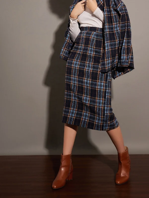 Lyush Women Blue Yarndyed Check Pencil Skirt lace skirt romantic