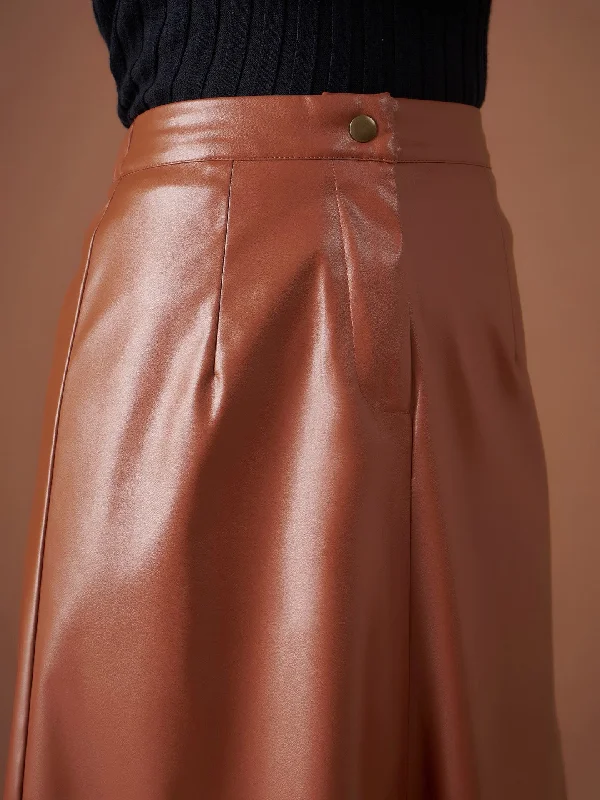Lyush Women Brown PU A-Line Below Knee Skirt wool skirt warm
