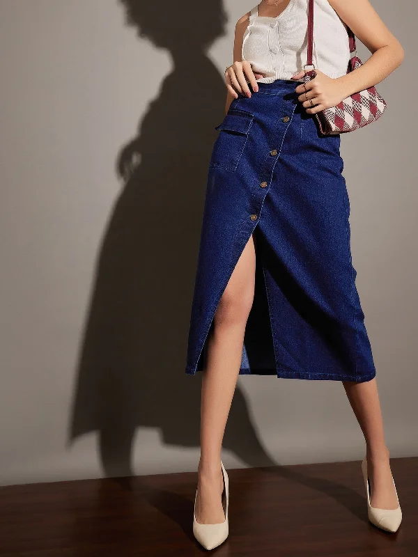 Lyush Women Classic Blue Front Button Wrap Skirt linen skirt relaxed