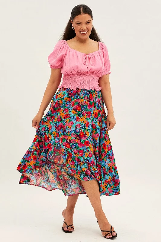 Multi Floral Print Maxi Skirt denim skirt durable