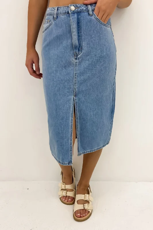 Nate Denim Midi Skirt Mid Blue wool skirt warm