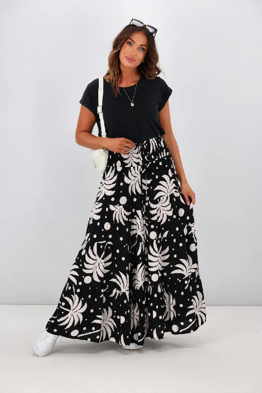 New U Collection Black Palm Tree Maxi Skirt high waist skirt