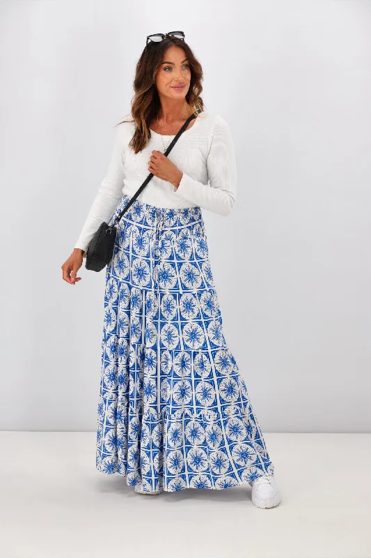 New U Collection Blue White Sun Print Maxi Skirt asymmetrical skirt cut