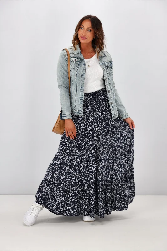 New U Collection Ditsy Floral Navy Maxi Skirt zip skirt side