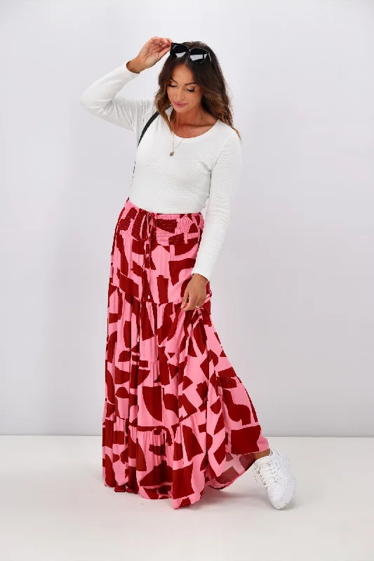 New U Collection Pink Geo Print Maxi Skirt belted skirt waist