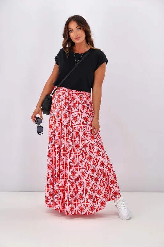 New U Collection Pink Red Sun Print Maxi Skirt corduroy skirt durable