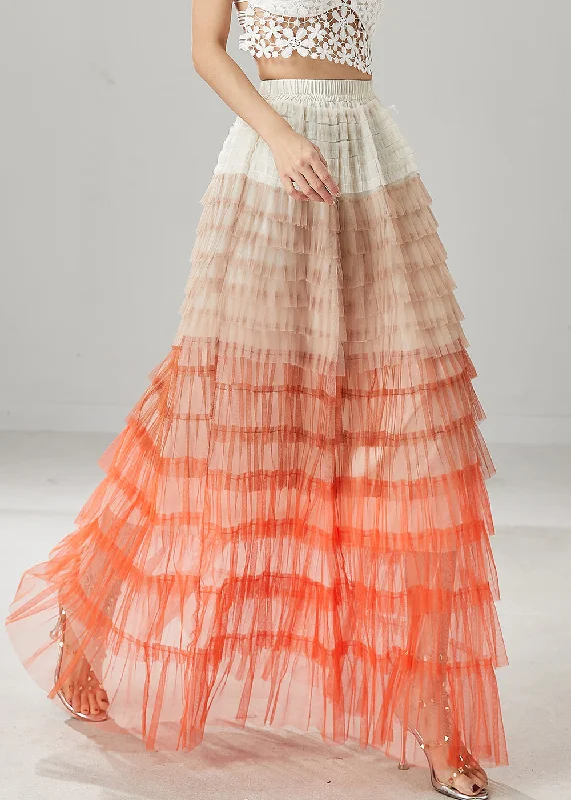 Organic Orange Ruffled Patchwork Tulle Skirts Summer wool skirt thick