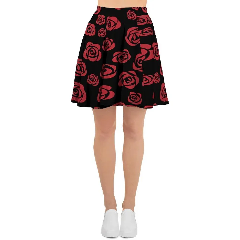 Red Rose Floral Doodle Women's Skirt silk skirt smooth