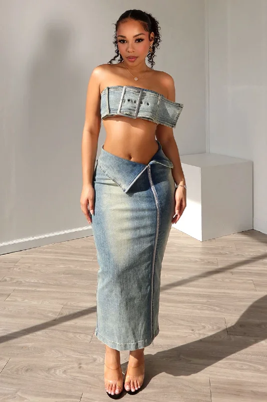 Revenge Denim Tube Top & Skirt SET linen skirt airy