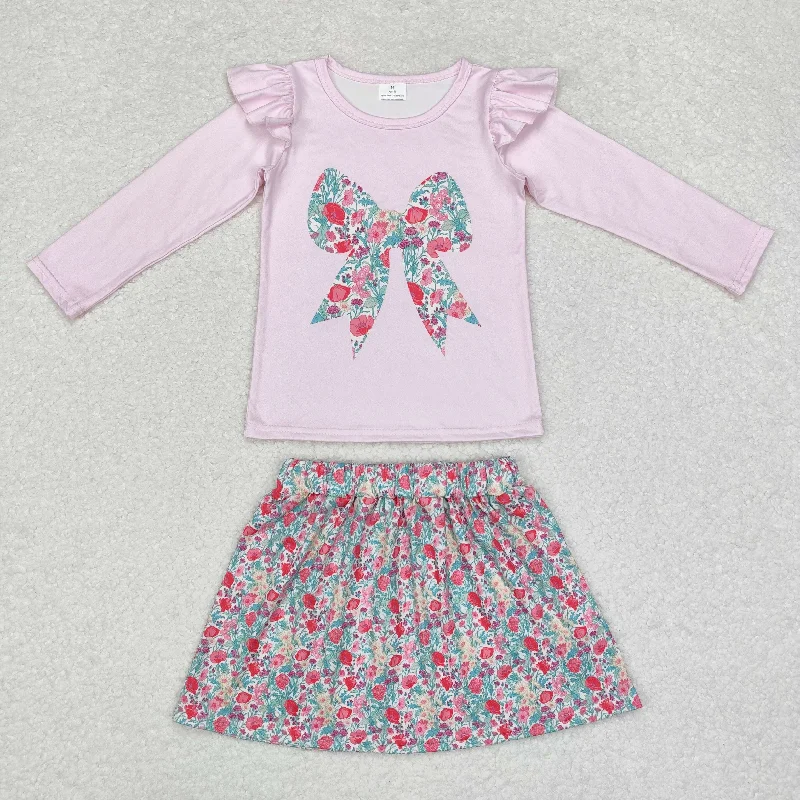 rts no moq GT0699+GLK0032 Flower floral bow pattern pink lace long sleeve top skirt suit leather skirt modern rts no moq GT0699+GLK0032 Flower floral bow pattern pink lace long sleeve top skirt suit leather skirt modern